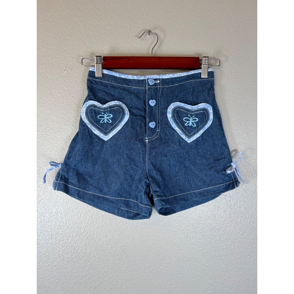 Y2K Basic Editions Girls Denim Heart Pocket Butterfly Shorts Blue Size 10/12‎